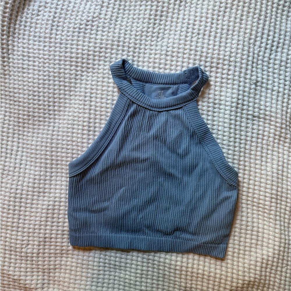 aerie seamless Ribbed High Neck Crop Tank - blue lion